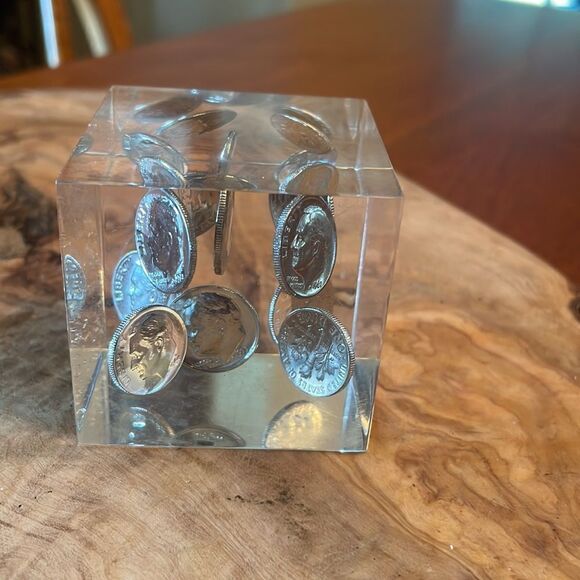 Vintage 70's Mid-Century Lucite & Dime Incapsulated Paperweight/Accent Piece - Picture 2 of 7